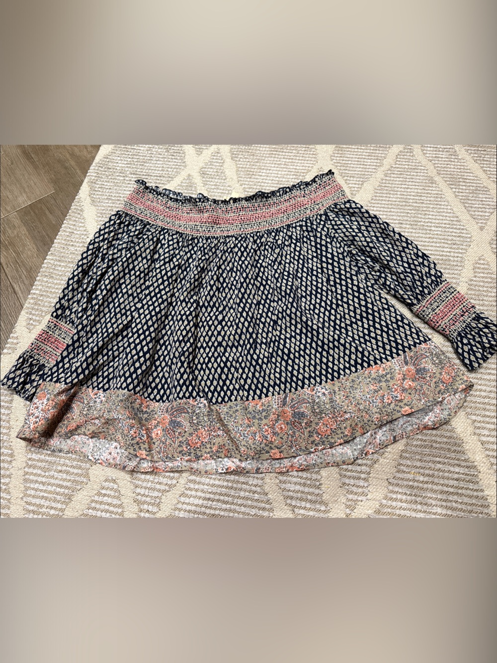Off the shoulder Printed Boho top in Navy and Coral